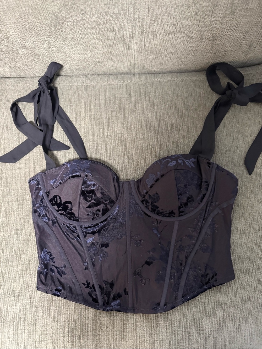 Garage Purple Floral Velvet Bustier with Tie Straps
